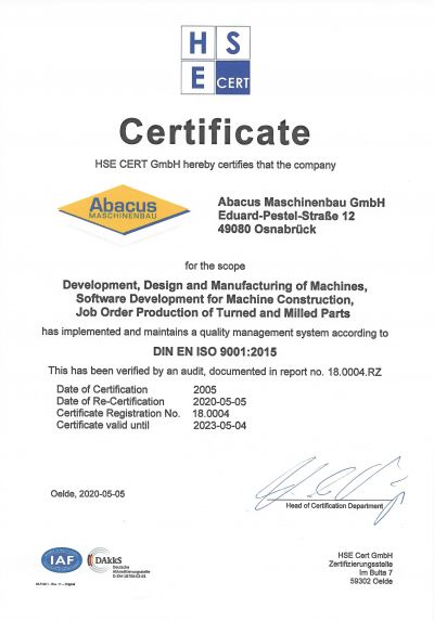 ISO 9001:2015 Certificate | Abacus GmbH